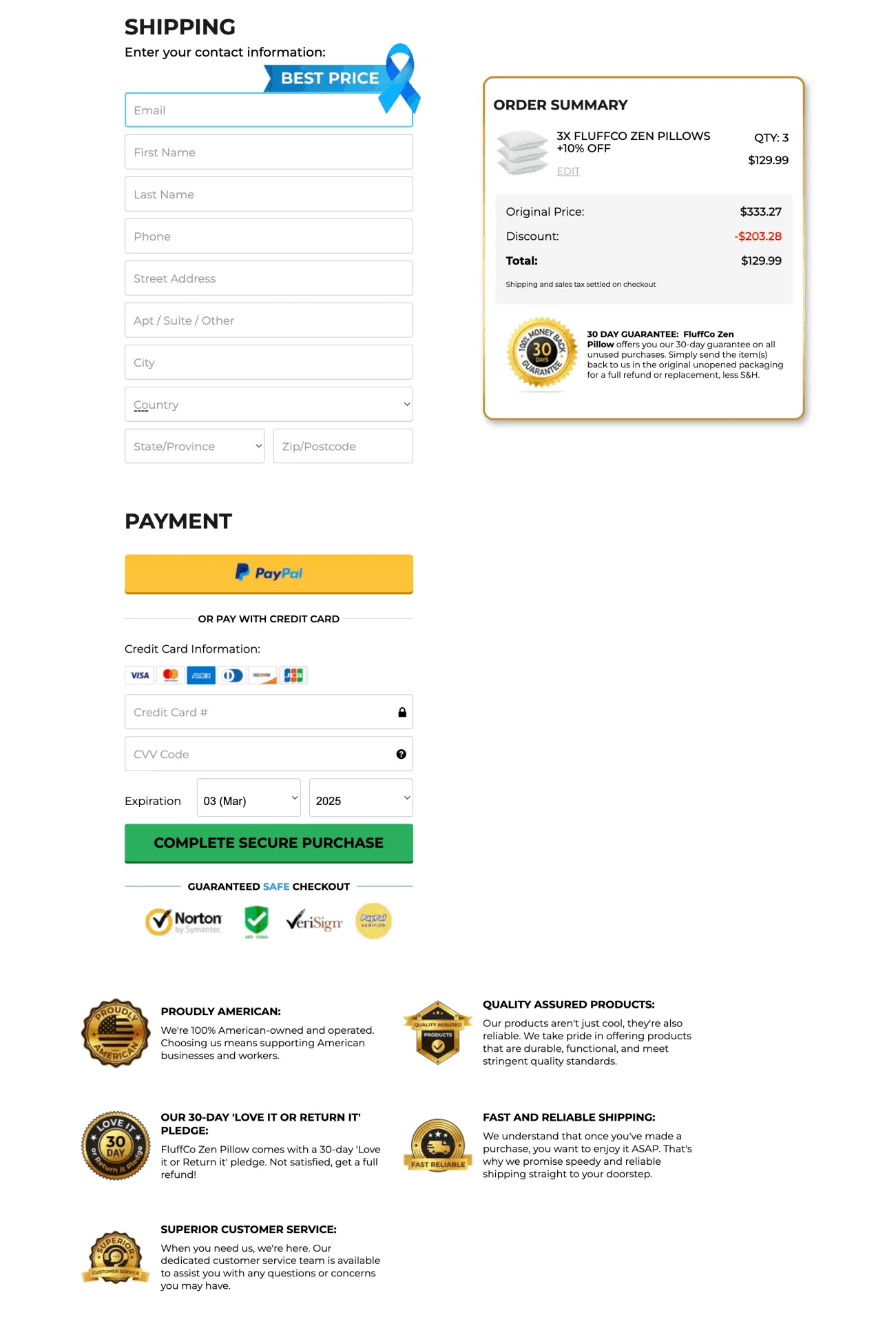 FluffCo Pillow checkout page